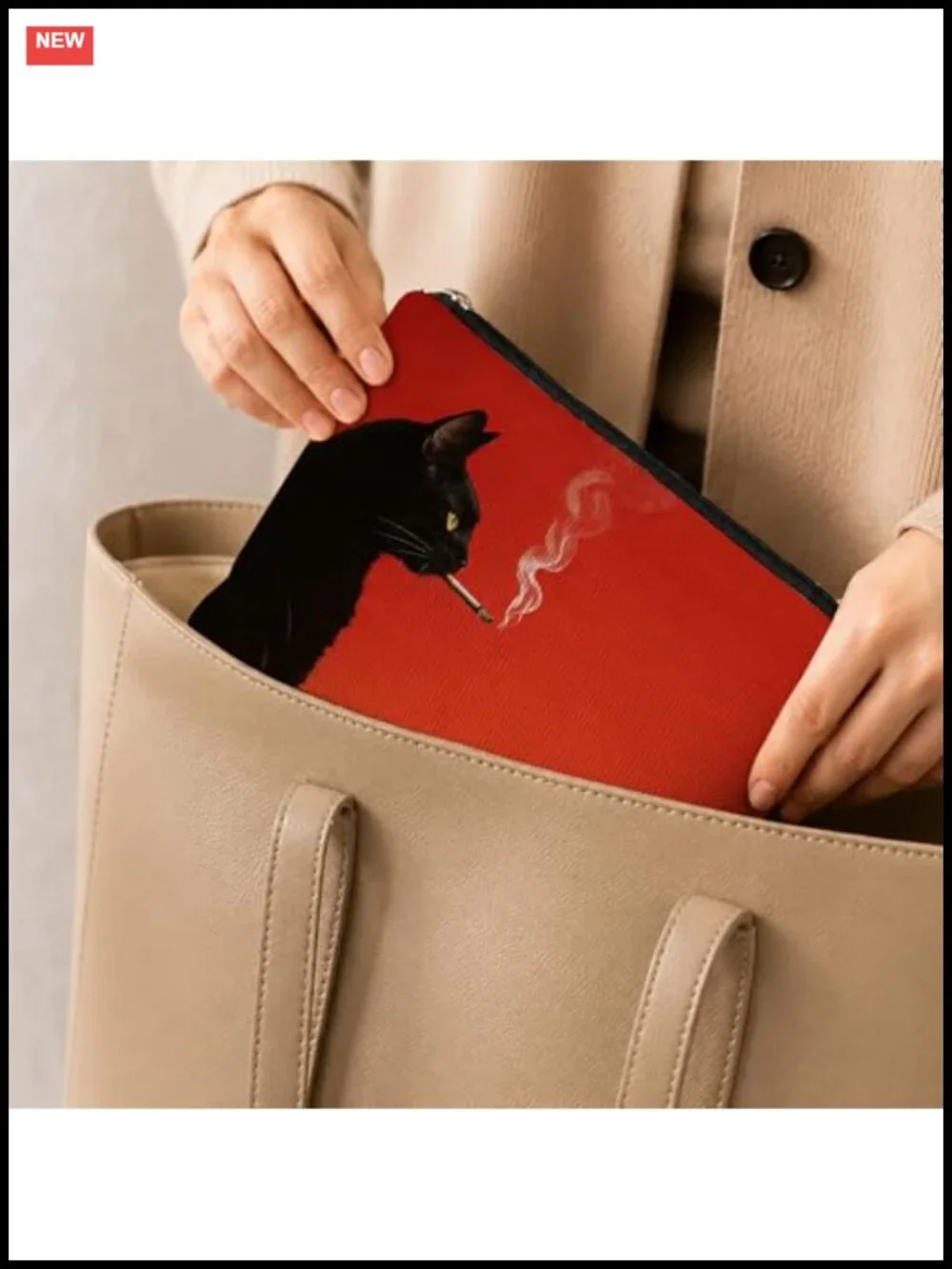 Whimsical Black Cat Linen Makeup Bag Travel Toiletry Organizer Pouch